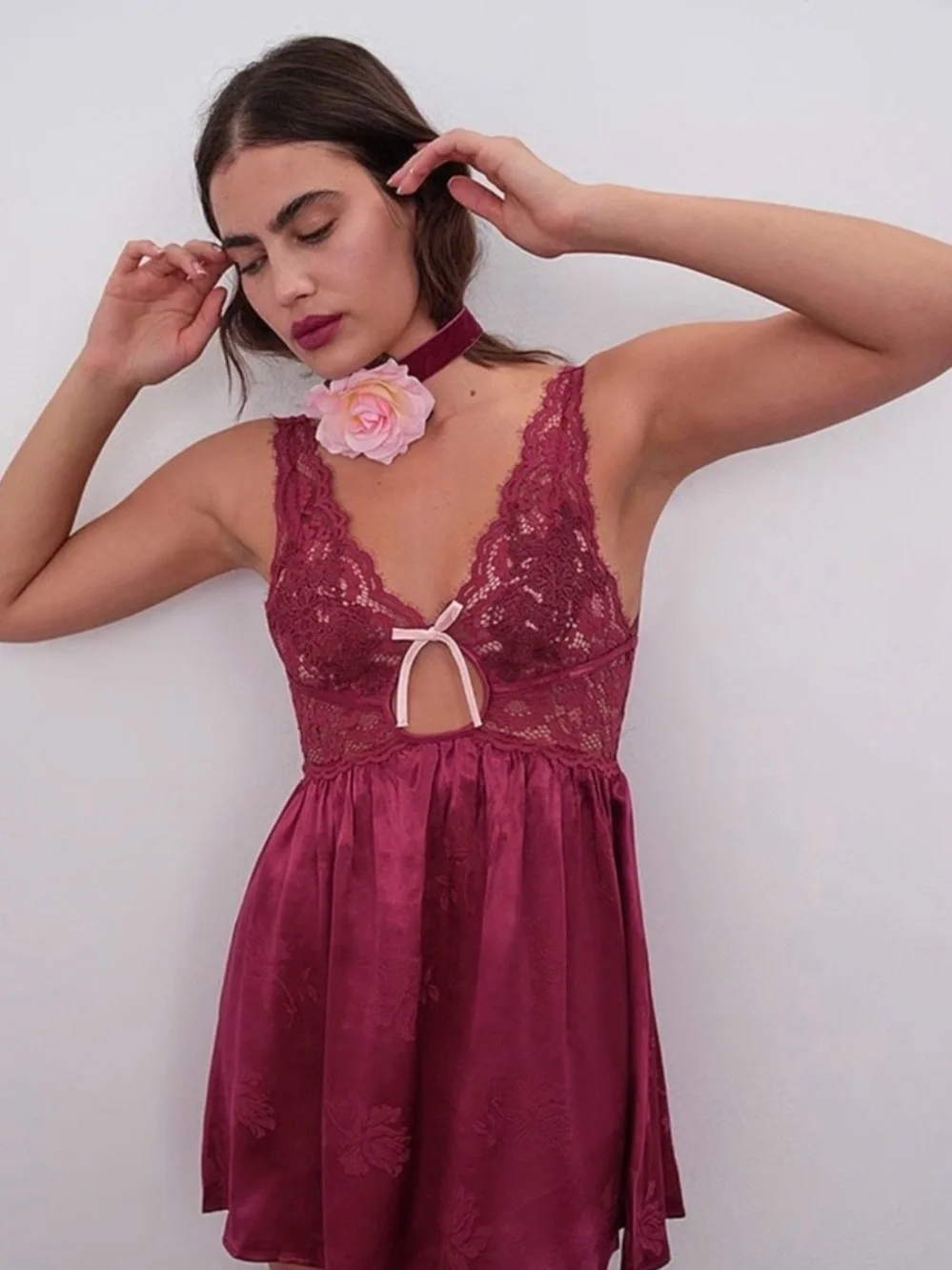 155. For Love And Lemons Wine Pink Lace & Satin Babydoll Chemise